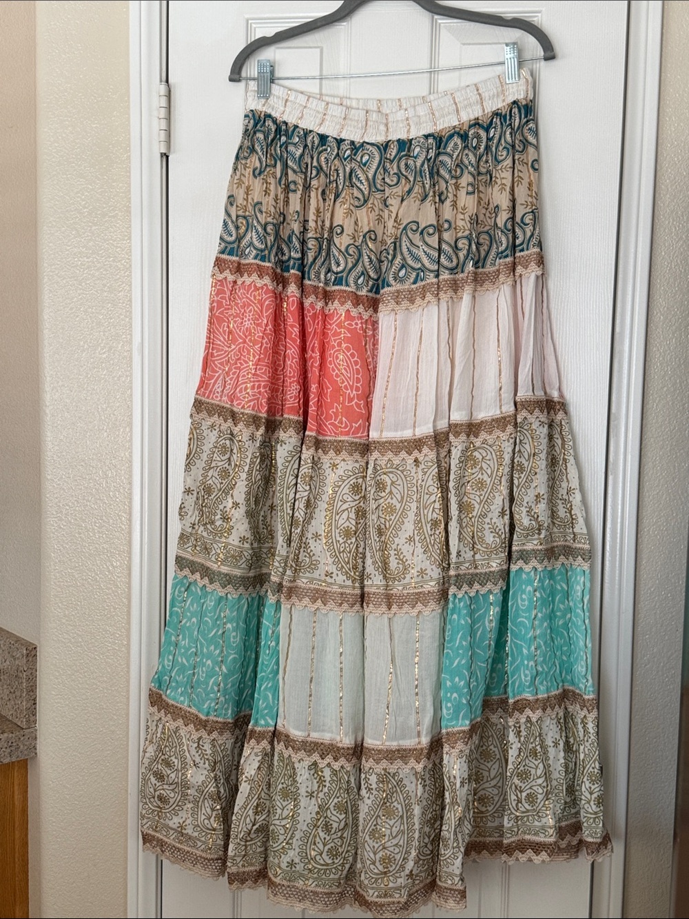 Boho Tiered Skirt Set in Teal, Coral , Cream, Tan paisley adjustable S-XL - Picture 5 of 8